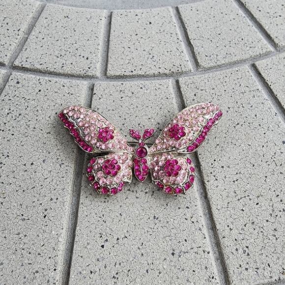 Handcrafted Silver Tone Pretty In Pink Butterfly Brooch Pin - Picture 3 of 8